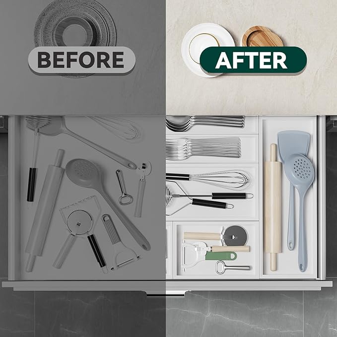 Lixple Utensil Organizer Silverware Drawer Organizer - Set of 2, Stackable Kitchen Organization, Bamboo Storage Box Tray for Kitchen Gadgets Bathroom Countertop (White)