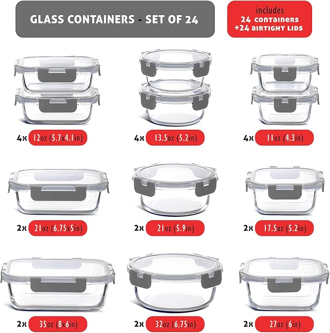 EATEX 48pc Glass Storage Containers with Lids, 24 Glass Food Storage Containers with 24 Airtight Lids for Pantry & Kitchen, Meal Prep Containers for Lunch, Oven Freezer Microwave & Dishwasher Safe