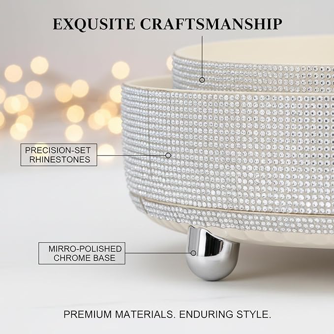 Rotating Bling Perfume Makeup Organizer, Rhinestone Cosmetic Display Cases with 2-Piece Set, 360° Spinning Bathroom Organizers for Countertop, Vanity Table | White