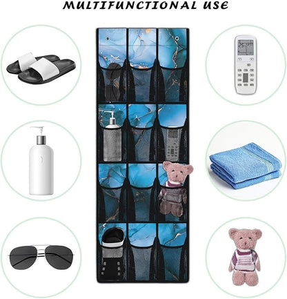 12 Large Mesh Pockets Blue Marble Print Over the Door Shoe Organizer Sturdy Oxford Fabric Hanging Shoe Rack for Closet Organizers and Storage