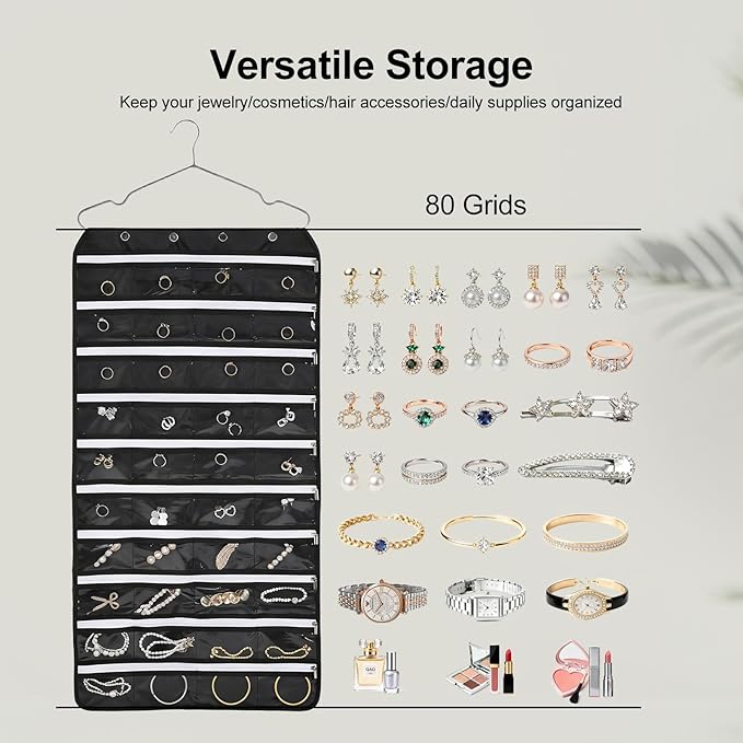 Hanging Jewelry Organizer Storage Roll 80 Zippered Pockets with Detachable Hanger Double-Sided Foldable, Travel Jewelry Holder for Earrings, Rings, Bracelets, Hanging on Closet, Wall, Door, Black