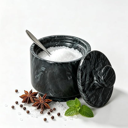 Marble Salt Cellar with Lid & Spoon, 3" Black Salt Container for Countertop, Spice Jar, Stone Storage Box for Kitchen and Bathroom