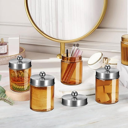 Amolliar Bronze Glass Apothecary Jar, Qtip Holder Metal Lid & Stickers, Bathroom Qtip Dispenser Storage, Canister for Cotton Balls, Cotton Swabs, Makeup Pads, Bath Salt, Floss, 4 Pack (Brushed Nickel)