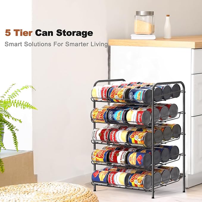 MOOACE Can Rack Organizer, 5 Tier Can Storage Dispenser Holds up to 60 Cans, Can Organizer, Great for the Pantry Shelf, Kitchen Cabinet or Counter-top, Cabinet, Canned Food Organizer, Black