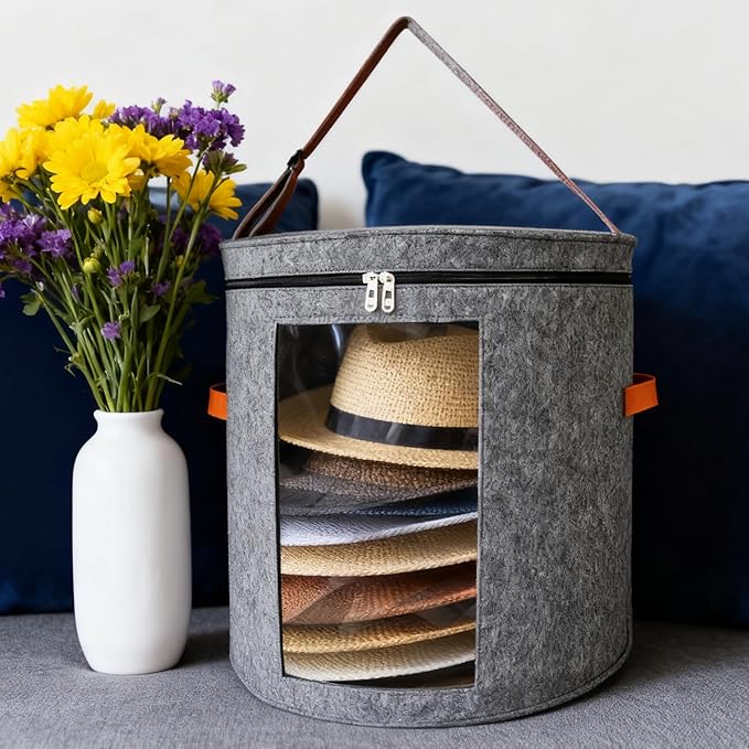 Varku Foldable Hat Storage Box, 18.9 x 16.5 in Felt Cowboy Hat Organizer, Large Capacity, Dustproof, Clear Window, Dual Zipper, Space Saving for Hats, Dark Gray