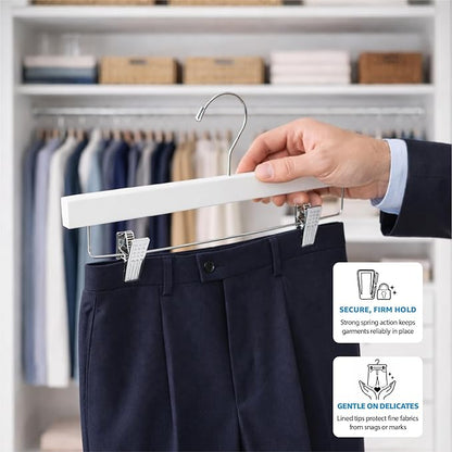 ZOBER Wooden Pants Hangers with Clips - 10 Pack Premium Wood Skirt Hangers for Women, Heavy Duty Wooden Hanger with Adjustable Metal Grip Clips for Jeans and Shorts, Smooth Finish White