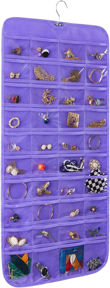 Bloss Hanging Jewelry Organizer, Double Sided 80 Pocket Jewelry Chain Storage Bag 2 Layer of Fabric Jewelry Organizer Holder for Necklace Bracelet Earring Ring Chain Knitting Tool - Purple