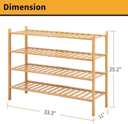 Long Shoe Rack, 4-Tier Bamboo Stackable Shoe Shelf Storage Organizer, Shoe Stand for Closet, Entryway and Hallway