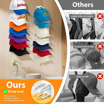 2 Pack Hat Organizer for Baseball Caps, Hat Rack for Wall Hold Up to 16 Hats, Hat Holder with Strong Adhesive and Screws, Hat Organizer Wall Mounted Hat Hanger Display for Door Closet Bedroom(A-White)