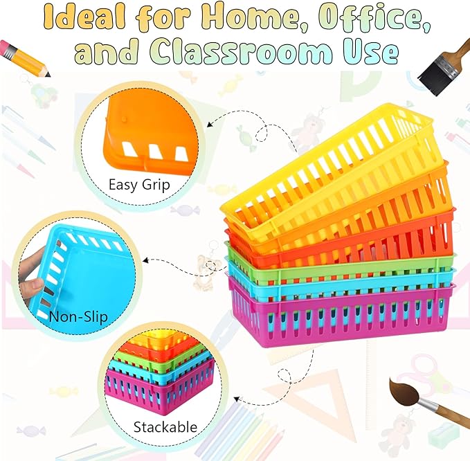 Wenqik 24 Pcs Plastic Storage Baskets for Classroom Organizing Small Pantry Storage Bins Rectangular Tray for School Household Toys Classroom Bedrooms, Kitchens Countertops (Rainbow Color)