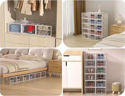 Kuject XX-Large Shoe Storage Boxes Organizers Clear Plastic Stackable 12 Pack, Shoe Rack & Holder Substitute, Sneaker Containers, Shoe Storage Organizer Bins for Closet, Under Bed, Grey(No Fold Line)