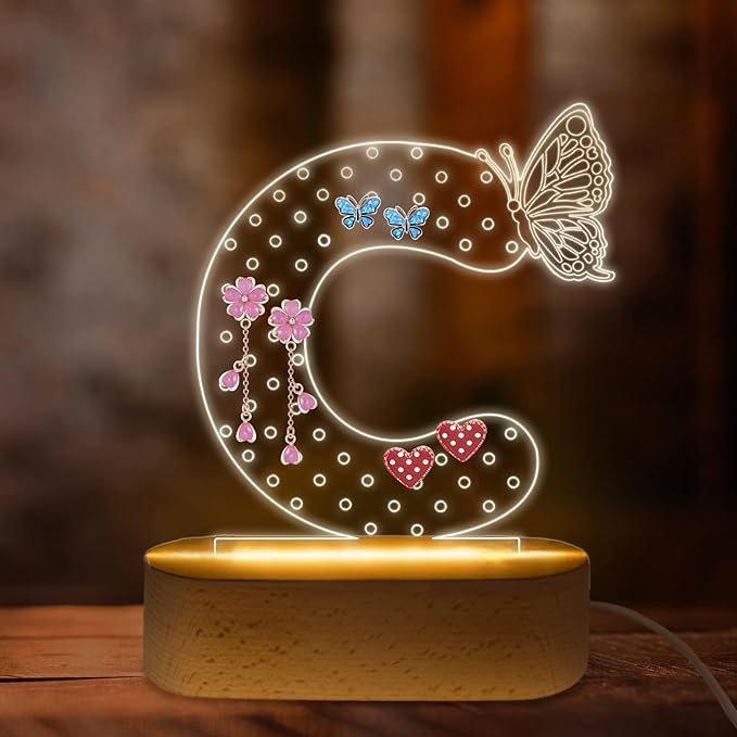 COSHAYSOO Earring Holder Organizer Initial Acrylic with Butterfly LED Night Light Decorations College Girls Dorm Essentials Graduation Gifts for Stud Ball Drop Dangle Earrings Storage Letter C