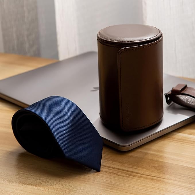 Tie Box for Men 's PU Ties case Necktie Organize Cylinder Leather Men’s Storage Portable Tie Roll for Travel Business Gifts (Dark Brown)