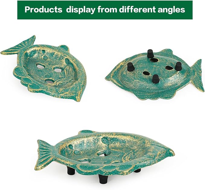 Sungmor Heavy Duty Cast Iron Soap Holder, Vintage Bar Soap Dish for Kitchen Bathroom Sink, Lovely Fish Shape & Antique Green Sponge Dish Soap Tray, Decorative Jewelry Holder Tabletop Container
