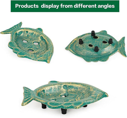 Sungmor Heavy Duty Cast Iron Soap Holder, Vintage Bar Soap Dish for Kitchen Bathroom Sink, Lovely Fish Shape & Antique Green Sponge Dish Soap Tray, Decorative Jewelry Holder Tabletop Container