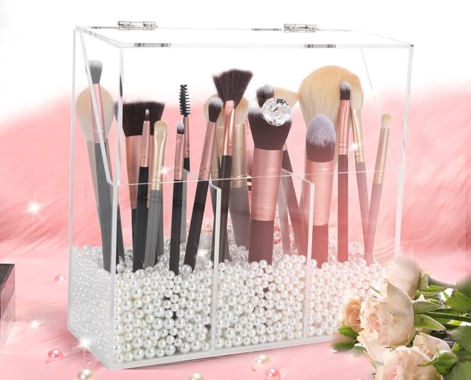 Vevitts Acrylic Makeup Brush Holder, Clear Cosmetic Storage Box with 3 Brush Holders, Dust Cover, Large-Capacity Split Design for Organizing Vanity Desk