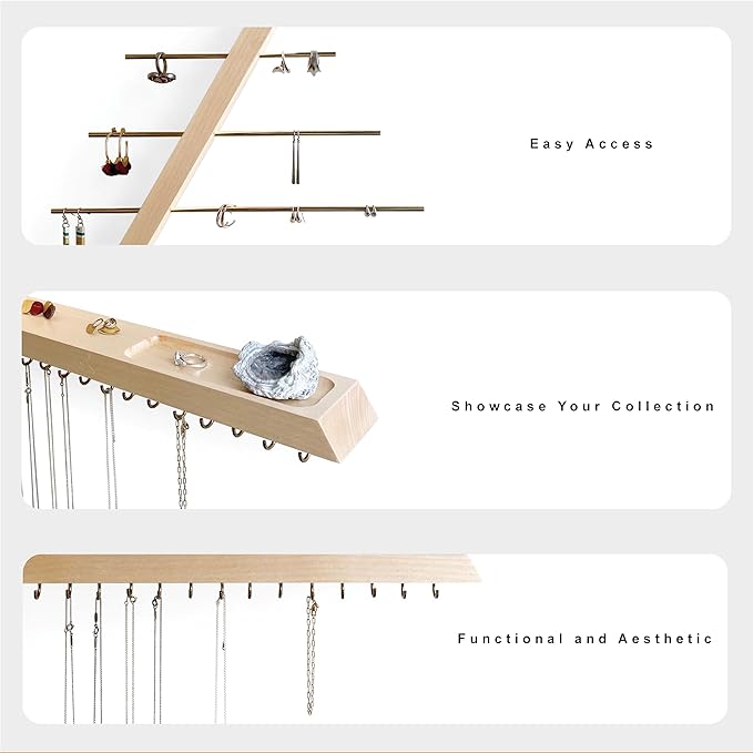 Jewelry Organizer Wall Mounted, Hardwood Hanging Jewelry Holder, Open Triangle Jewelry Display shelf for Necklaces, Earrings, Rings and Bracelets, Gift for her, Patented (Birch)