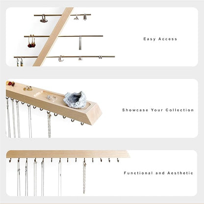 Jewelry Organizer Wall Mounted, Hardwood Hanging Jewelry Holder, Open Triangle Jewelry Display shelf for Necklaces, Earrings, Rings and Bracelets, Gift for her, Patented (Birch)