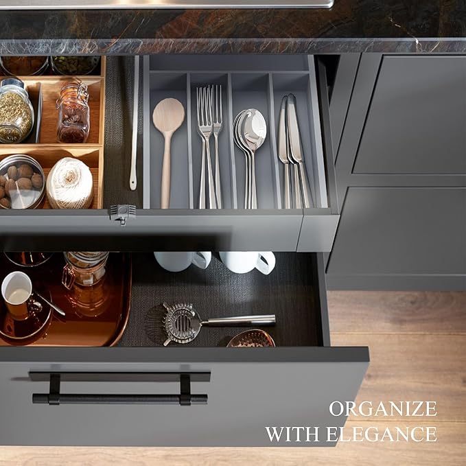Silverware Organizer, Bamboo Kitchen Drawer Organizer, Utensil Holder, Cutlery Tray & Spoon Flatware Storage with Grooved Drawer Dividers(Grey, 9.5''W x 13.5''D)