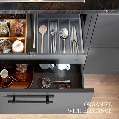 Silverware Organizer, Bamboo Kitchen Drawer Organizer, Utensil Holder, Cutlery Tray & Spoon Flatware Storage with Grooved Drawer Dividers(Grey, 9.5''W x 13.5''D)