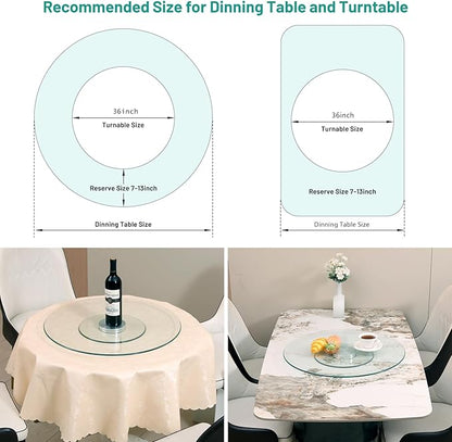 36-Inch Lazy Susan Turntable for Dining Table, 1/3" Thickness Tempered Glass, 360° Rotation, Anti-Tip Design with 6 Rotating Wheels, Perfect for Parties, Weddings, and Family Dinners (36 inch)