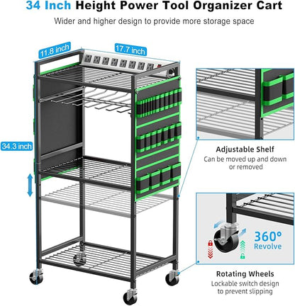 JUNNUJ Large Power Tool Organizer Cart with Charging Station, Garage Floor Standing Rolling Drill and Tools Battery Storage Cart on Wheels, Heavy Duty Rack Shelf with 8 Outlet 10 FT Power Strip, Green