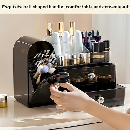 Makeup Organizer for Vanity with Covered Brush Holder，Bathroom Organizers with Drawer，Skin Care Organizer，Makeup Organizers for Vanity with Drawer，Large Makeup Storage for Dresser, Black