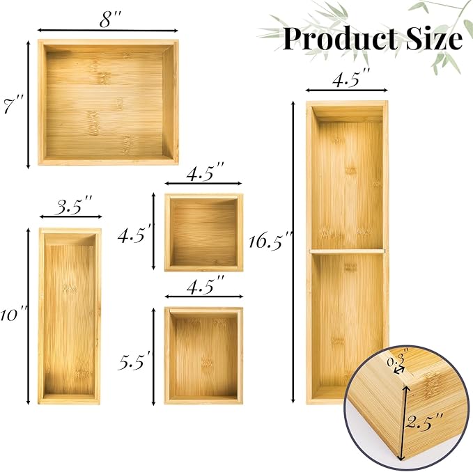 ZAVOOS 5 Pieces Bamboo Drawer Organizer, Multi-Use Individual Junk Tea Storage Drawer Tray Set with Removable Dividers, Adjustable Cutlery Utensils Holder Bin for Kitchen, Office, Bathroom