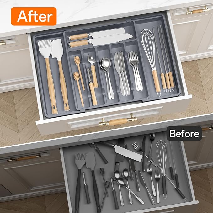 RoomHacks Large Silverware Organizer,Expandable Utensil Drawer Organizer,BPA Free Utensil Holder,Adjustable Silverware Tray Cutlery Drawer Organizer for Kitchen Flatware,Large,Grey,2 Pack