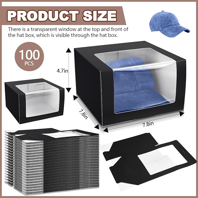 DoubleFill 100 Pcs Hat Boxes with Clear Window, Foldable Gift Boxes for Baseball Caps, Storage, Display and Shipping (Black)