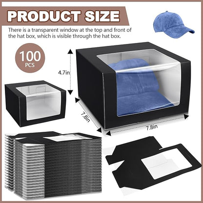 DoubleFill 100 Pcs Hat Boxes with Clear Window, Foldable Gift Boxes for Baseball Caps, Storage, Display and Shipping (Black)