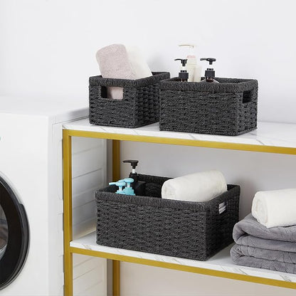 Vagusicc Wicker Storage Basket, Set of 3 Wicker Basket, Hand-Woven Paper Rope Storage Baskets for Organizing, Large Cube Storage Organizer Bins Baskets for Shelves Small Toilet Paper Baskets, Black