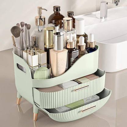 Pajiriona Makeup Organizer with Drawers, Green Skincare Organizer for Vanity, Storage Box with Handle, Large Cosmetic Display Case for Dresser, Bathroom Countertop