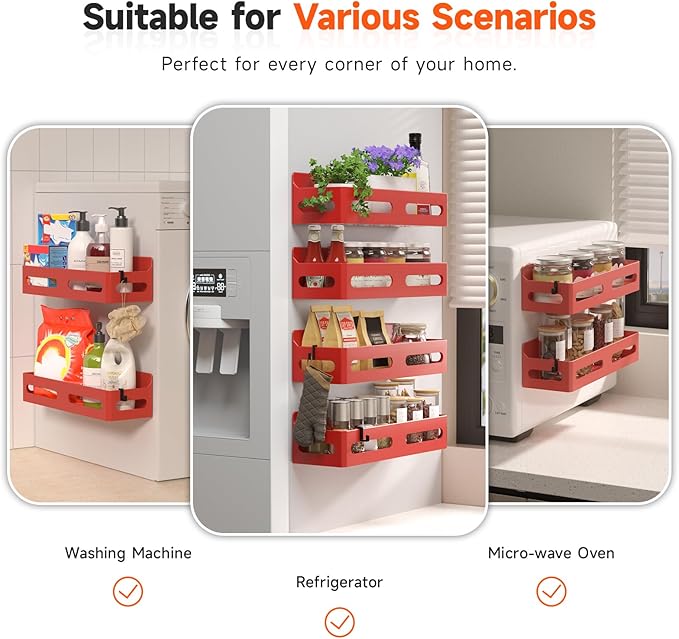 Sevenblue 4 Pack Strong Magnetic Spice Rack for Refrigerator, Multipurpose Magnetic Shelf for Fridge with 4 Hooks for kitchen and Bathroom Organization, Red