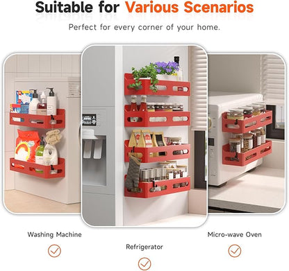 Sevenblue 4 Pack Strong Magnetic Spice Rack for Refrigerator, Multipurpose Magnetic Shelf for Fridge with 4 Hooks for kitchen and Bathroom Organization, Red
