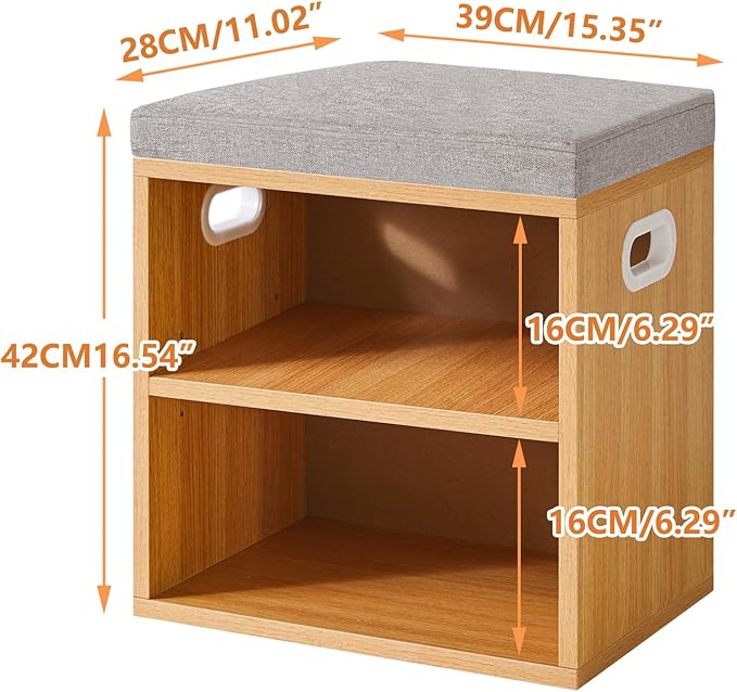 YMYNY Shoe Storage Bench with Cushion, 2 Tier Shoe Rack with Padded Seat, Adjustable Shoe Organizer Cabinet for Entryway, Living Room, Hallway, Closet, Bedroom, 15.4L*11W*16.54H, Natural, UHBD028N