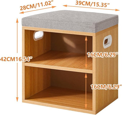 YMYNY Shoe Storage Bench with Cushion, 2 Tier Shoe Rack with Padded Seat, Adjustable Shoe Organizer Cabinet for Entryway, Living Room, Hallway, Closet, Bedroom, 15.4L*11W*16.54H, Natural, UHBD028N
