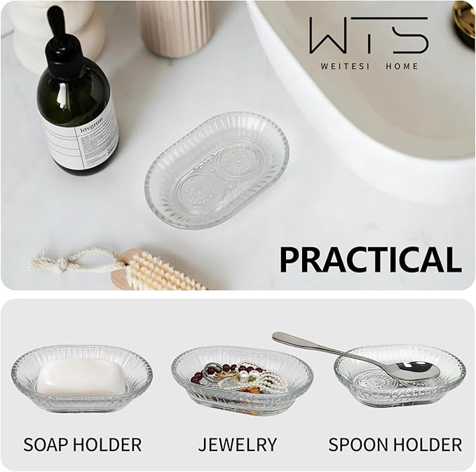 Clear Glass Soap Dish for Cleaner Shower, Oval Bar Soap Holder with Embossed Raised Sides for Bathroom Sink and Kitchen