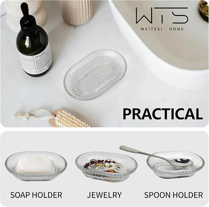 Clear Glass Soap Dish for Cleaner Shower, Oval Bar Soap Holder with Embossed Raised Sides for Bathroom Sink and Kitchen