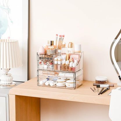 Yieach 2 Pack Clear Makeup Organizer Countertop for Dresser,Vanity and Bathroom Counter Organizer,Tiered Stackable Makeup Acrylic Organizers with 5 Drawer for Skincare,Brush and Make up Holders