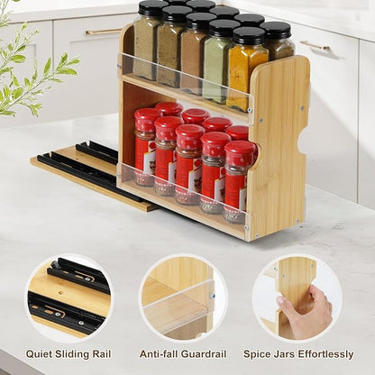 2 Tier Pull Out Spice Rack Organizer, Bamboo Sliding Spice Rack for Kitchen Cabinet, (4.4" W x 10.6" D x 10.4" H) Spice Storage, Pantry Organization