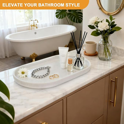 Pure Natural Marble Tray for Bathroom, Dresser, Sink. Cosmetics, toiletries, perfumes, Jewelry, Candles, etc. can be Placed (White Jade, 12" x 8" x 0.7")