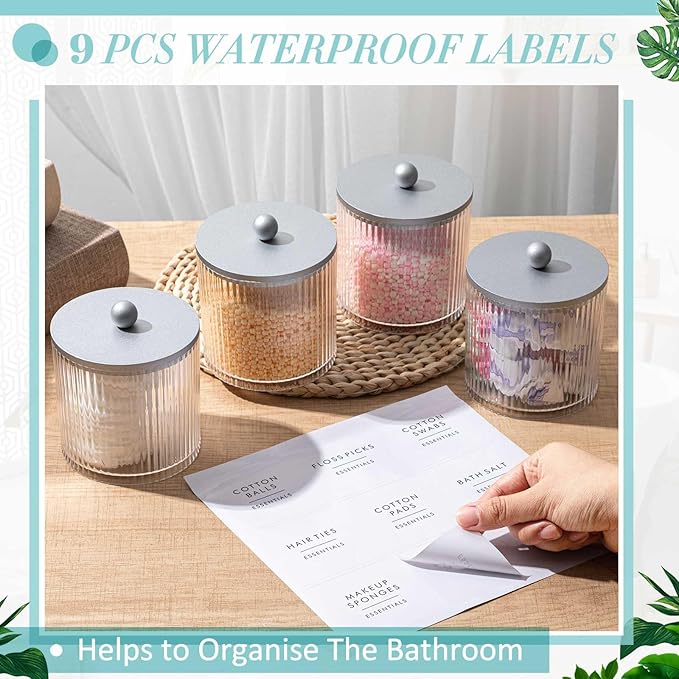 Yaomiao 6 Pcs Ribbed Bathroom Canisters Apothecary Jars with Silver Bamboo Lids and Label Stickers, 18 oz Plastic Canister with Fluted Design for Cotton Ball, Swab, Floss Picks House Storage
