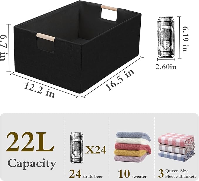 Foldable Fabric Storage Cubes, Cloth Storage Baskets with Wooden Handles, Shelf Closet Organizer Bins, Rectangular Linen Storage Boxes for Decor, 16.5 x 12.2 x 6.7 Inches
