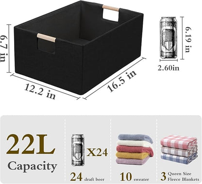 Foldable Fabric Storage Cubes, Cloth Storage Baskets with Wooden Handles, Shelf Closet Organizer Bins, Rectangular Linen Storage Boxes for Decor, 16.5 x 12.2 x 6.7 Inches