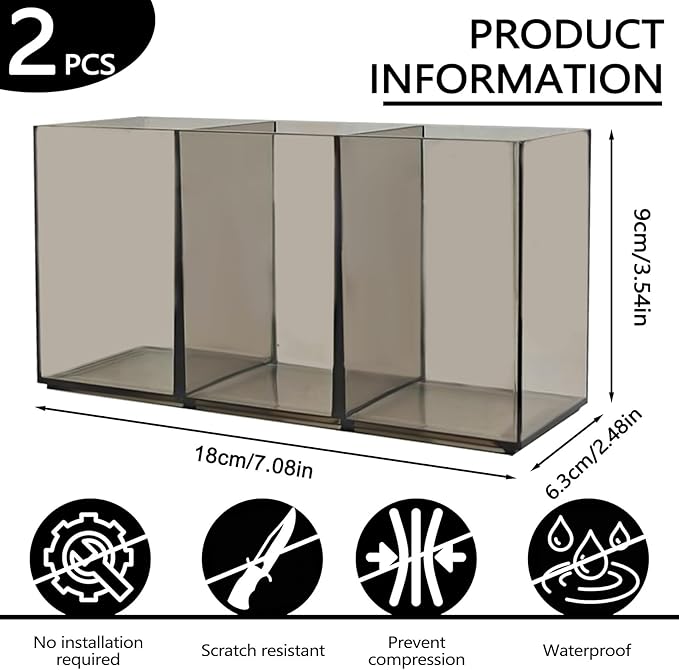 2 Pack Translucent Gray Makeup Brush Holder, 3 Compartment Plastic Pen Organizer, Acrylic Silverware Caddy for Storage Desk Vanity Pencil Utensil Marker Cutlery (Translucent Gray)