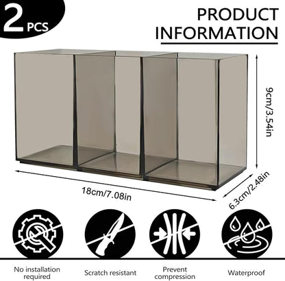 2 Pack Translucent Gray Makeup Brush Holder, 3 Compartment Plastic Pen Organizer, Acrylic Silverware Caddy for Storage Desk Vanity Pencil Utensil Marker Cutlery (Translucent Gray)