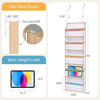 5 Tiers Adjustable Weekly Over Door Organizer with 10 Mesh Side Pockets, 44 lbs Weight Capacity Hanging Storage Organizer with Clear Window Kids Toys, Shoes, Diapers, Colorful