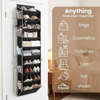 10-Tier Over The Door Organizer with 4 Anti-Scratch Silicone Hooks & 10 Side Pockets, Hanging Shoe Organizer for Closet (20 Pairs), Behind the Door Storage