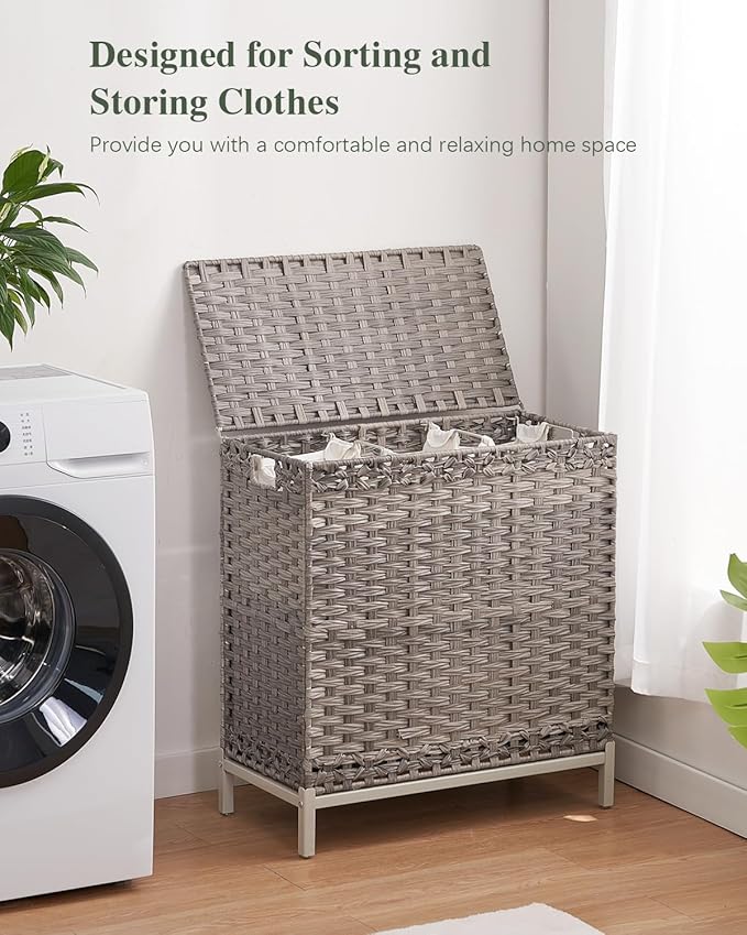SETVSON Laundry Hamper with Lid 132 L, (35 Gallons) Clothes Hamper with Lid, Handwoven Rattan Laundry Hamper with Metal Heightened Feet, Laundry Hampers with 3 Removable Liner Bags for Laundry-Gray